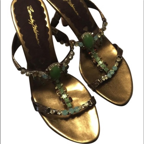 Gold heels bronze straps with stones white-pink. - Picture 1 of 5